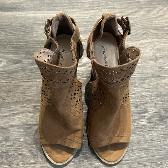 American Eagle Open Toe Block Heels Size 7 Cut Out Buckled Booties Tan Brown - Picture 3 of 10